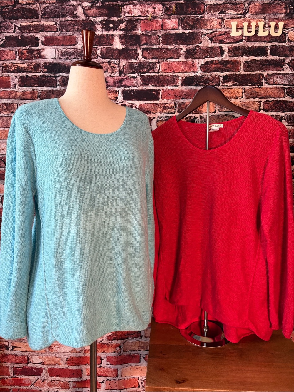 Avalin Lot of 2 100% Cotton Red & Light Blue Scoop Neck Long Sleeve Sweater M/L